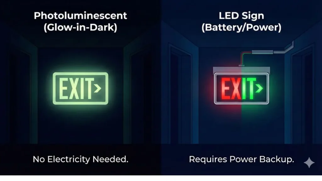 photoluminescent (glow in the dark) exit sign in a dark room versus an electrically powered LED exit sign.
