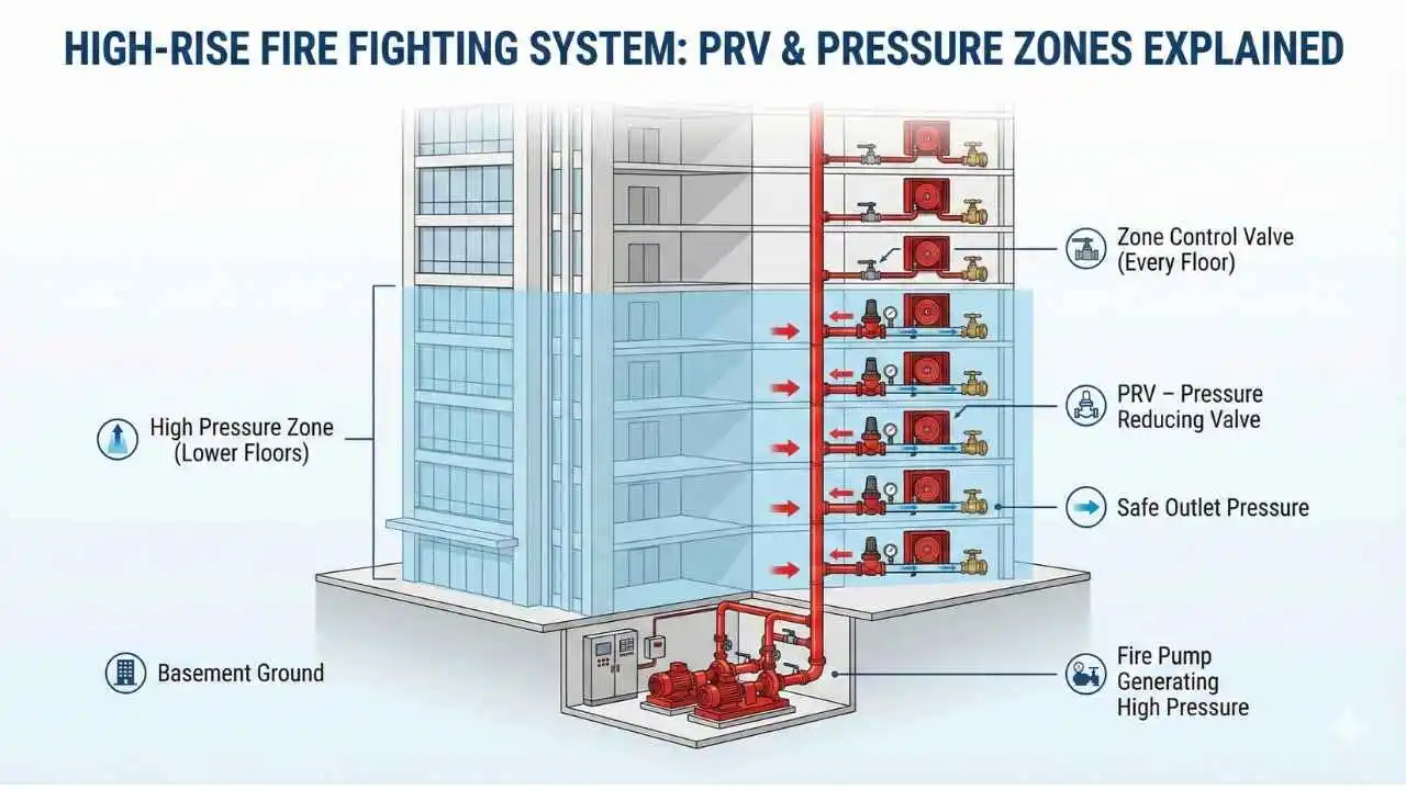 PRV in Fire Fighting System high-rise building me pressure kaise control karta hai?