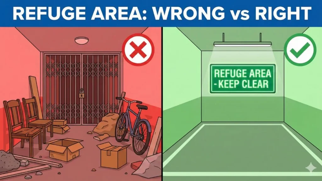 Comparison image showing a misused, cluttered refuge area versus a clean, compliant one.