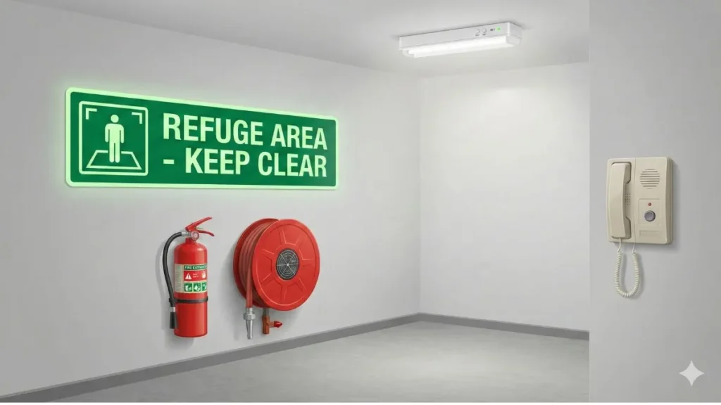 Photograph of a compliant refuge area showing safety equipment like extinguisher, signage, hose reel, and emergency light.