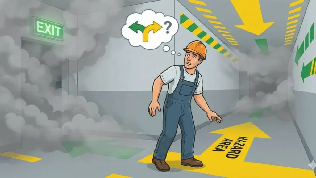 Safety Colors confusion से emergency exit गलत चुनता worker