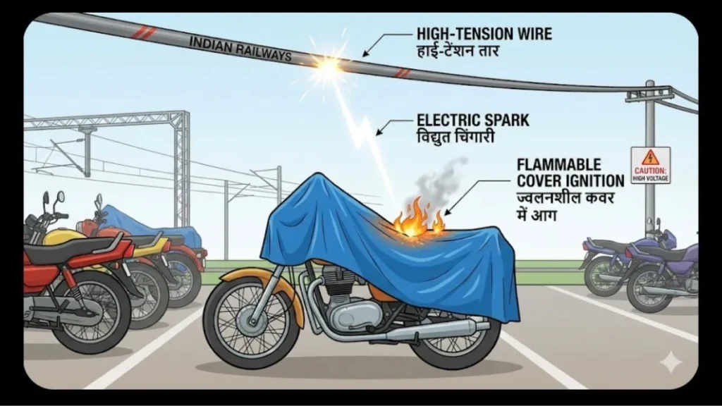 Technical illustration diagram showing the cause of the Thrissur Railway Station fire. An electric spark from an Indian Railways overhead high-tension wire arcs down and ignites a motorcycle covered with a blue flammable plastic tarp in a parking lot.