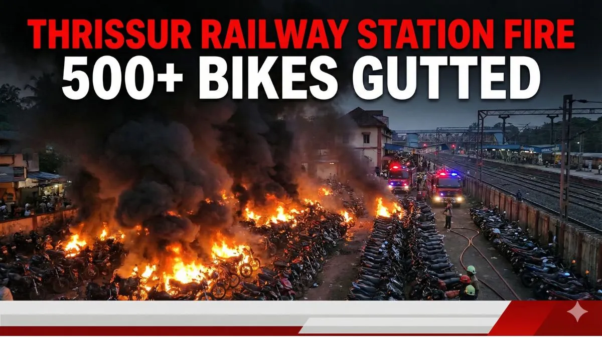 Breaking news graphic banner showing massive smoke at the Thrissur Railway Station fire parking area with text reading "500+ BIKES GUTTED".