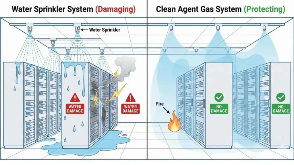 Why water is dangerous for server room fire protection?