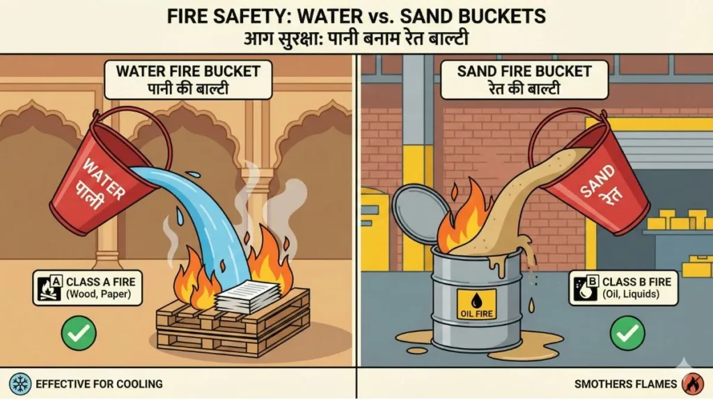 Difference between water fire bucket and sand fire bucket
