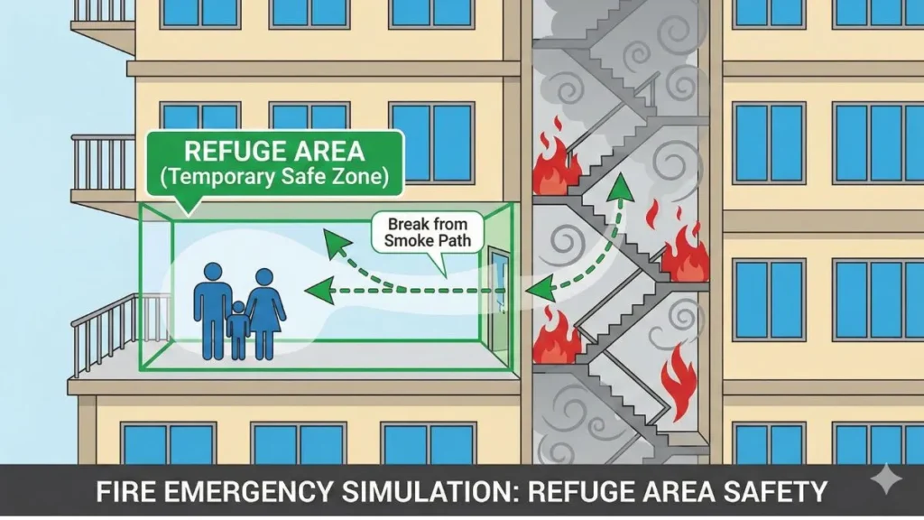 Diagram illustrating a refuge area in a high-rise building as a smoke-free safe zone separate from stairs.