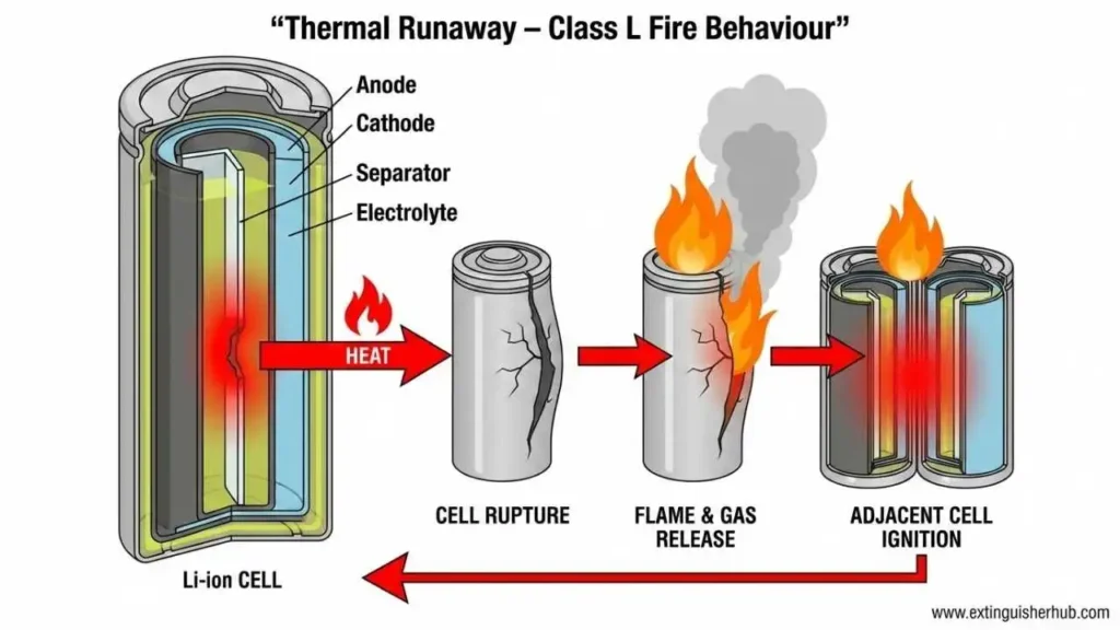 Thermal runaway process in Class L Fire lithium battery incident
