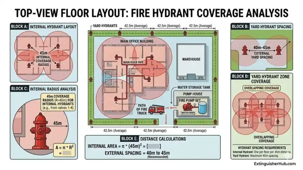 fire hydrant system spacing 45 meter coverage diagram