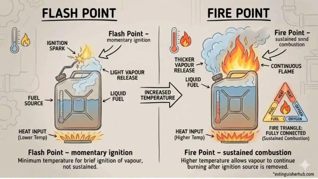 flash point vs fire point difference diagram showing ignition vs sustained fire