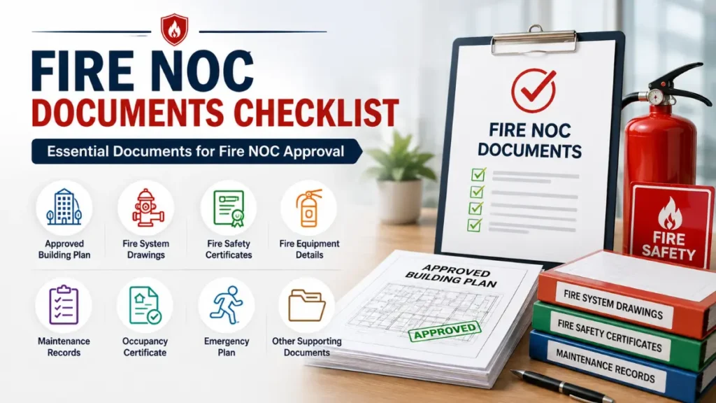 Fire NOC Documents Required checklist showing building plan, fire safety certificates and maintenance records