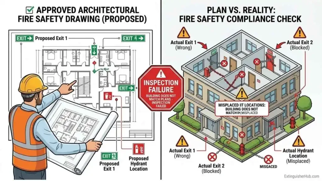 fire noc rejection reasons building drawing vs site mismatch
