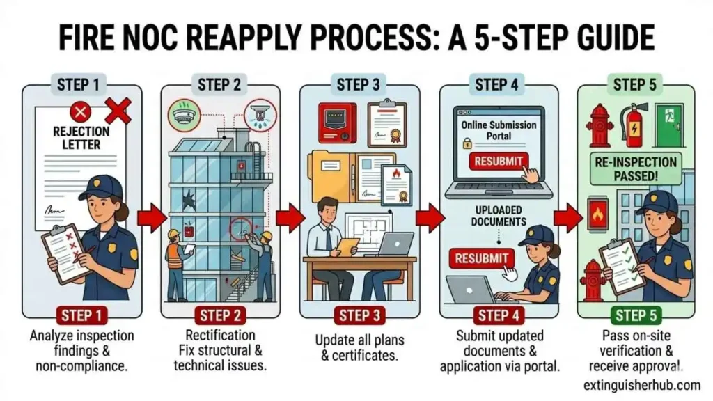fire noc rejection reasons reapply process after inspection failure