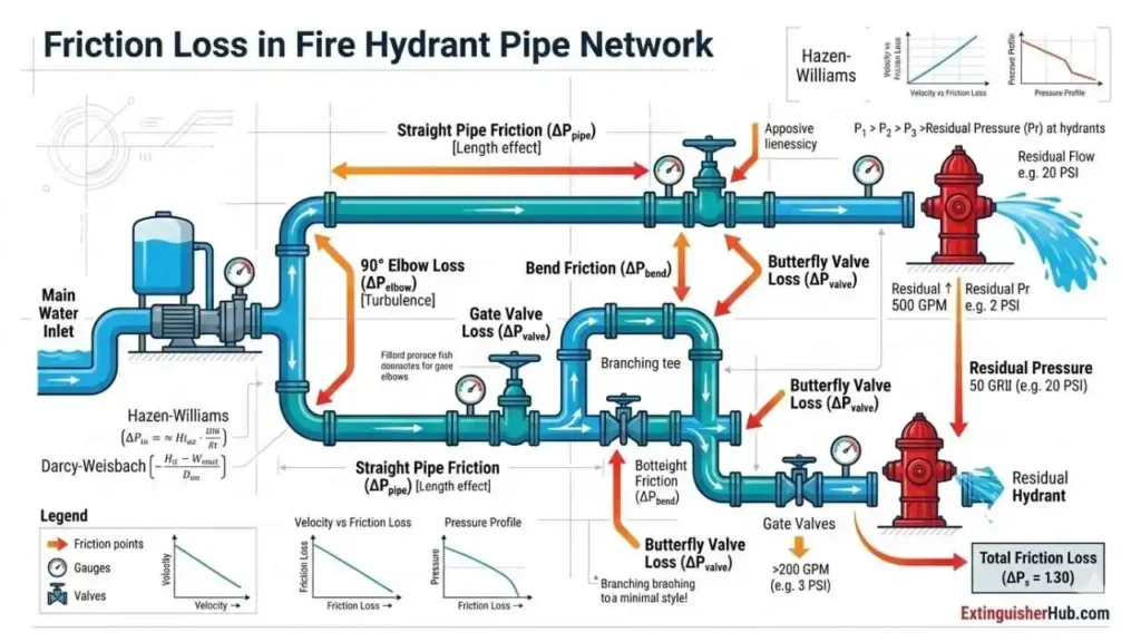 fire pump friction loss pipe network diagram