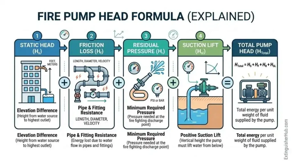 fire pump head formula static head friction loss residual pressure suction lift