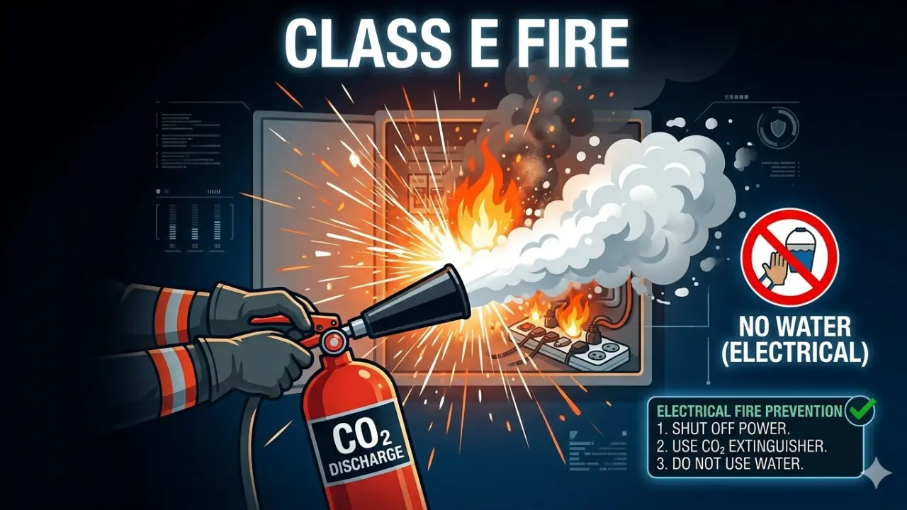 class e fire electrical panel sparks co2 extinguisher no water warning