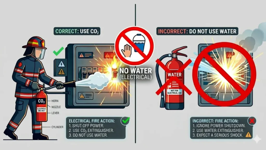 electrical fire extinguisher selection CO2 vs water safety
