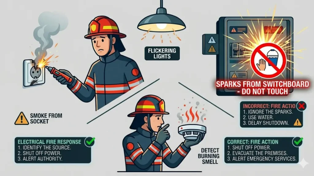 electrical fire warning signs smoke sparks flickering lights