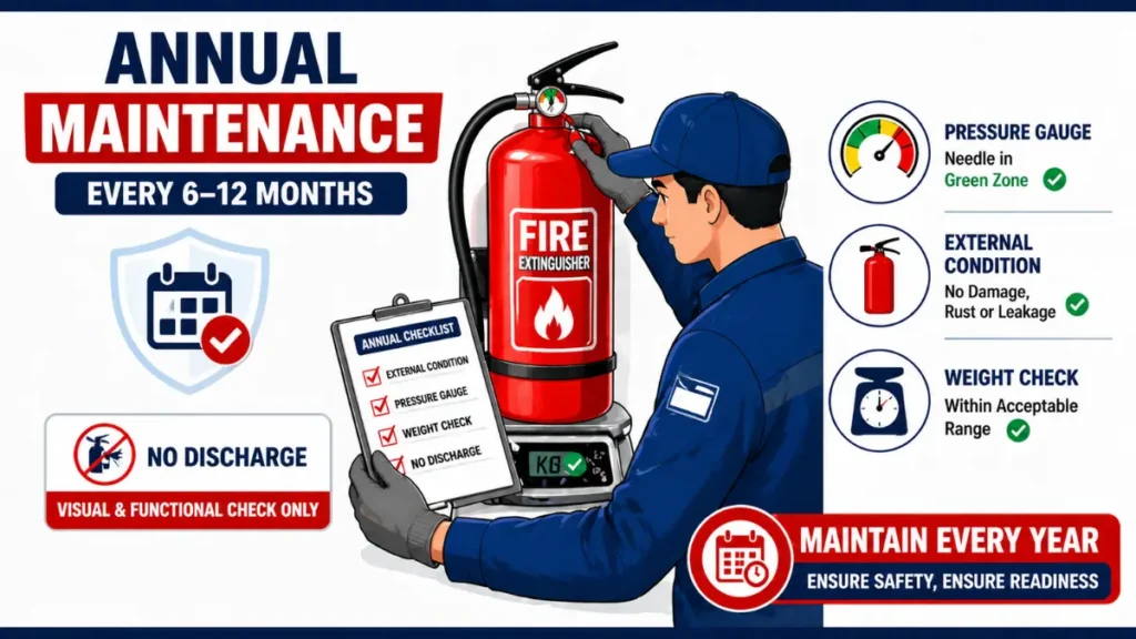 Fire extinguisher annual maintenance India showing technician checking condition and pressure without discharge