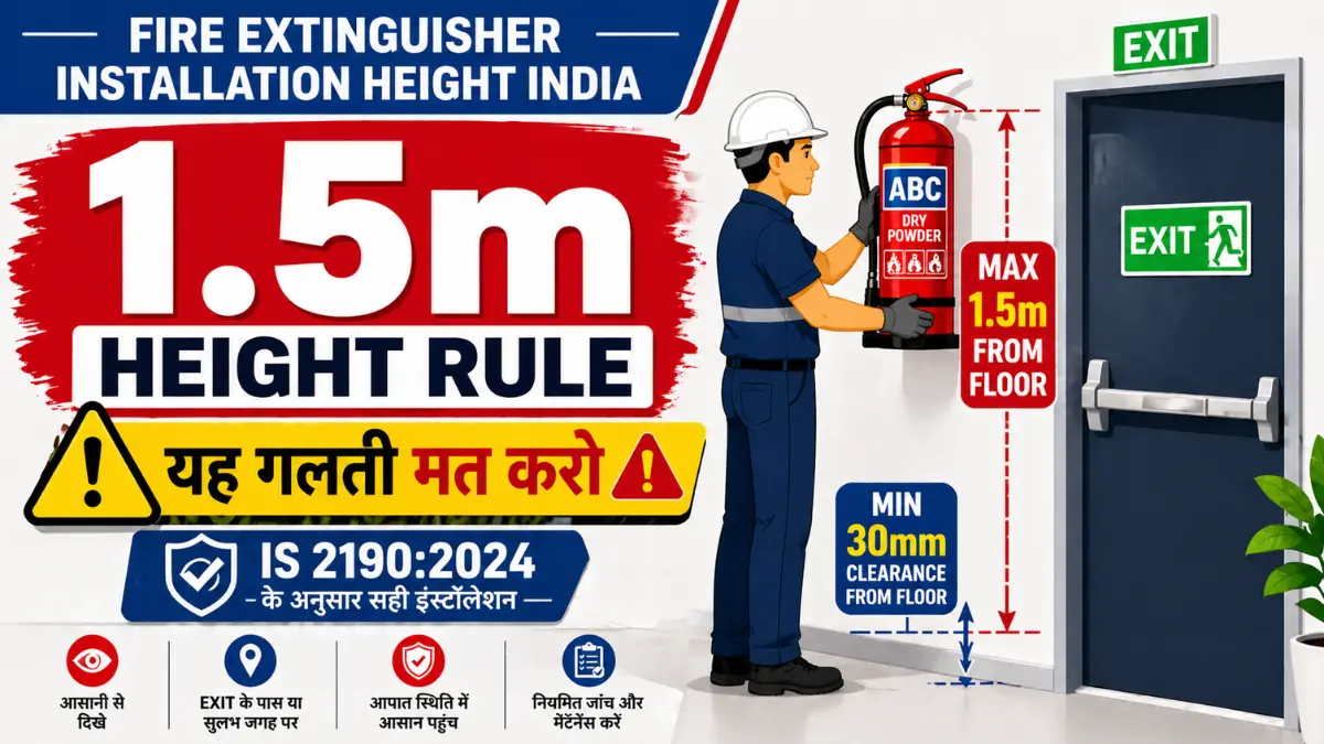 fire extinguisher installation height India 1.5 meter rule with 30mm clearance as per IS 2190:2024 near exit placement