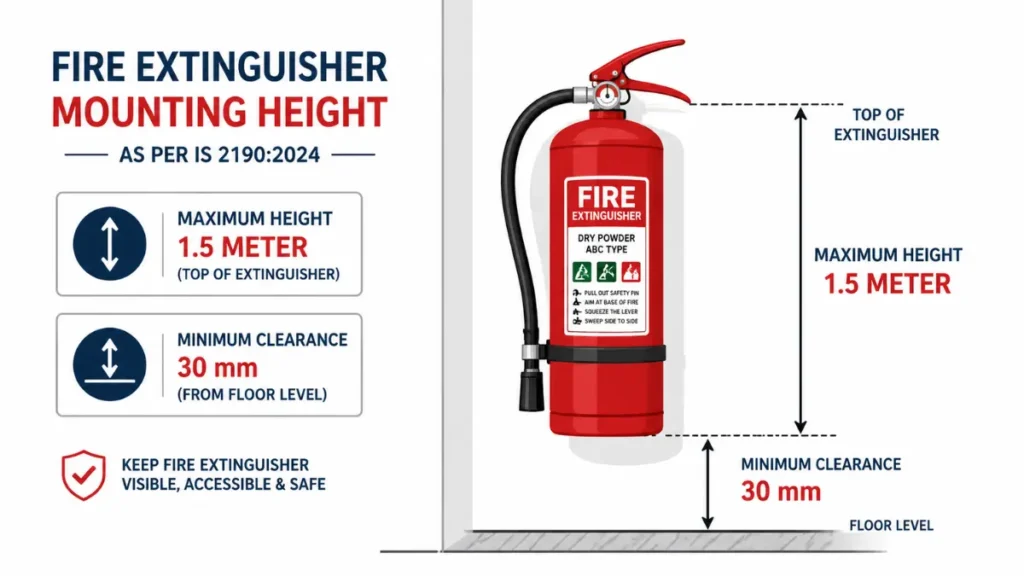 Fire extinguisher mounting height India showing 1.5 meter top and 30 mm floor clearance