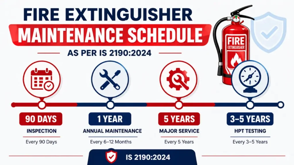 Fire extinguisher maintenance schedule India timeline as per IS 2190 2024 showing 90 days inspection annual maintenance and 5 year service