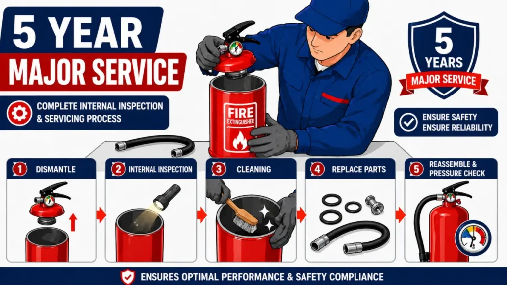 Fire extinguisher 5 year major service process India showing internal inspection cleaning and parts replacement