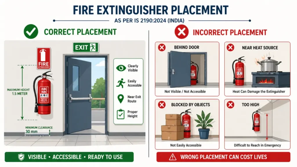 Correct vs wrong fire extinguisher placement examples