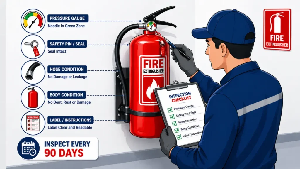 Fire extinguisher quarterly inspection checklist India showing technician checking pressure gauge seal hose and condition