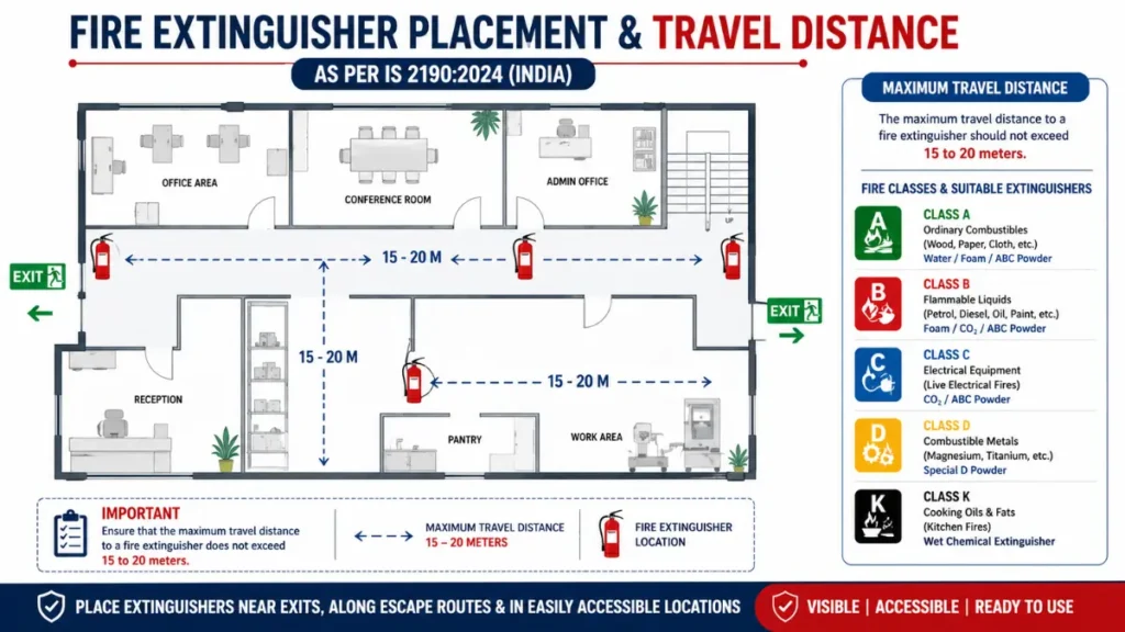 Fire extinguisher travel distance India showing 15 to 20 meter coverage