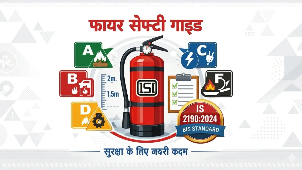 IS 2190:2024 complete guide vector illustration showing fire extinguisher selection, installation rules, and BIS maintenance schedule.