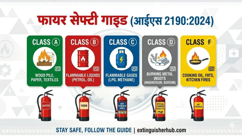 IS 2190:2024 fire classes chart showing Class A, B, C, D, and F fires with suitable extinguishers as per BIS standard.