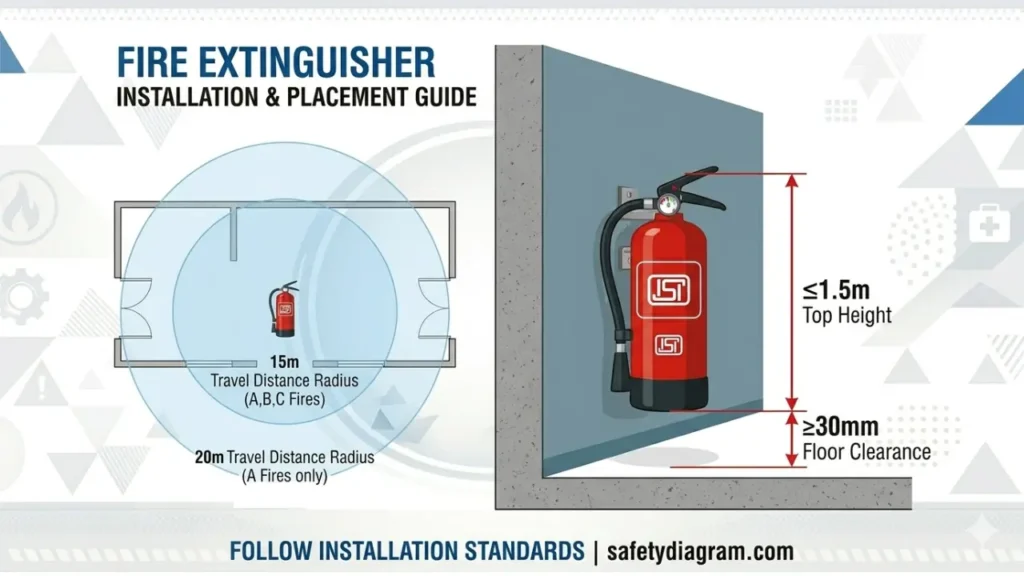 IS 2190:2024 installation diagram showing correct mounting height, floor clearance, and maximum travel distance for fire extinguishers.