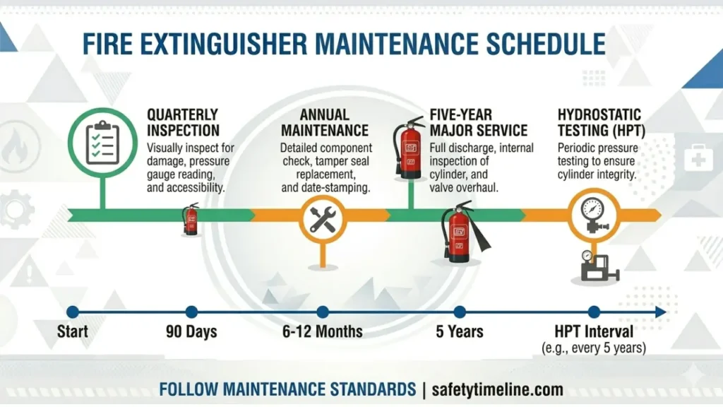 IS 2190:2024 maintenance schedule vector timeline showing quarterly inspection, annual service, 5-year maintenance, and HPT testing intervals.
