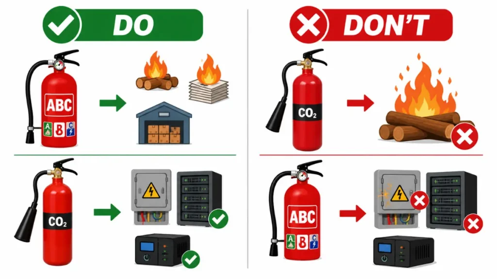 ABC vs CO2 fire extinguisher do and dont usage showing correct and incorrect use for general and electrical fires