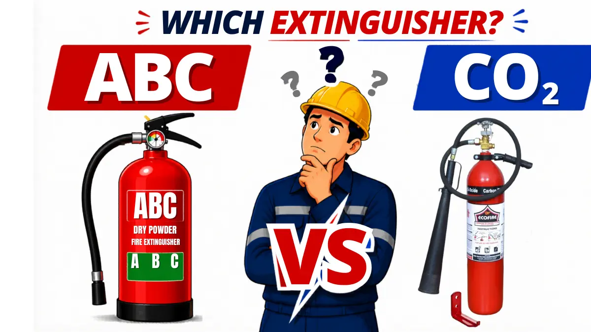 ABC vs CO2 fire extinguisher India comparison showing correct design with single hose ABC extinguisher and CO2 extinguisher with horn and valve