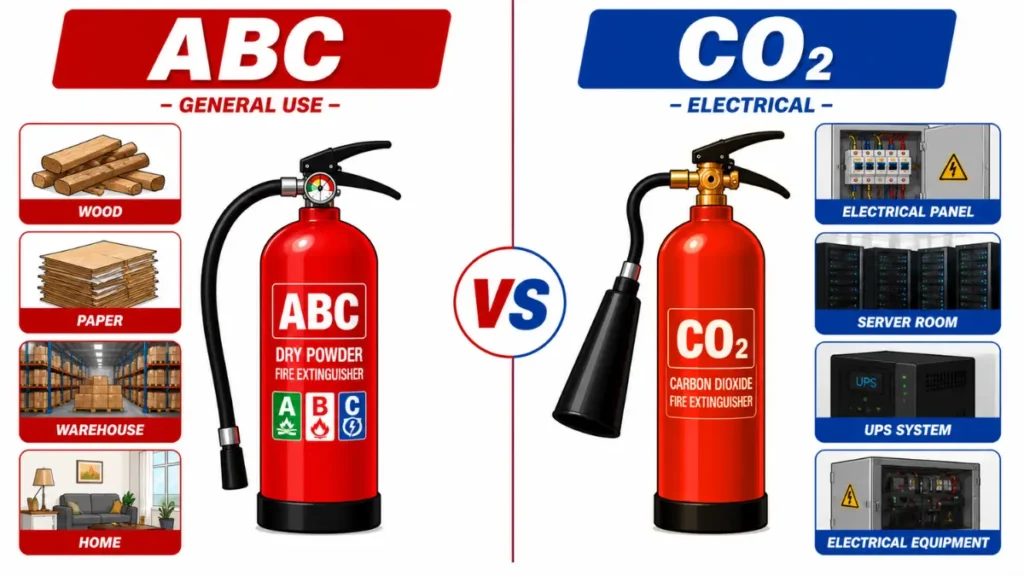 ABC vs CO2 fire extinguisher use cases India showing general fire vs electrical fire applications