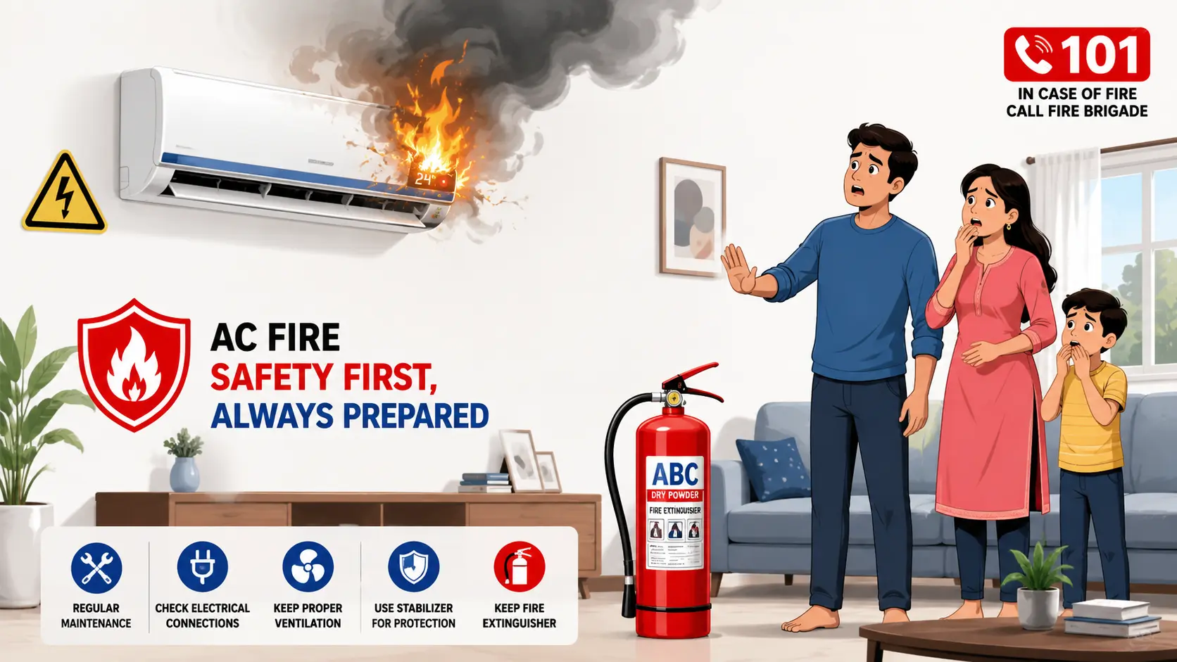 AC Blast और AC Fire Safety Guide 2026 को दर्शाती वेक्टर इमेज