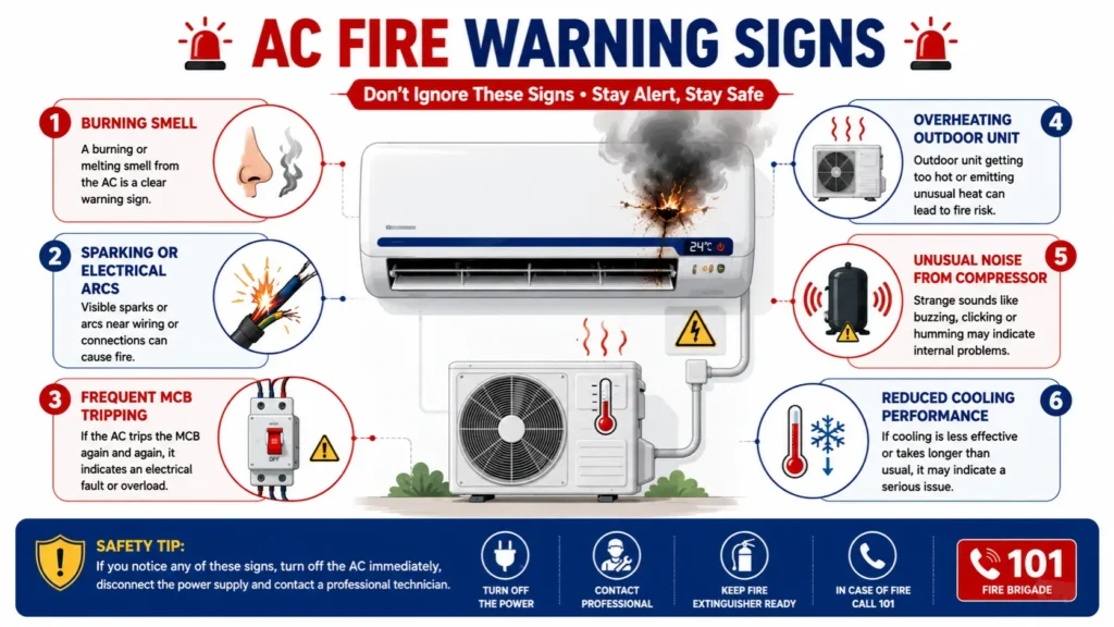 AC Fire से पहले दिखाई देने वाले Warning Signs
