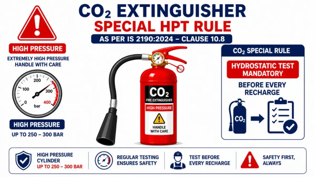 Fire extinguisher hydrostatic testing India CO2 special rule showing high pressure cylinder and mandatory test before recharge