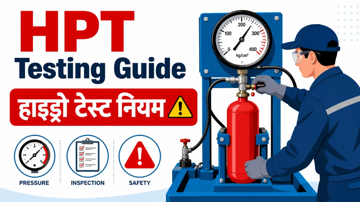 Fire extinguisher hydrostatic testing India (HPT) showing technician inspecting extinguisher with pressure testing machine and gauge