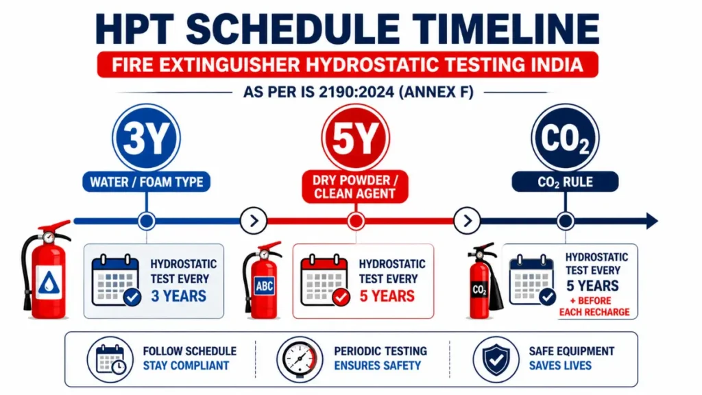 Fire extinguisher hydrostatic testing India schedule infographic showing 3 year and 5 year HPT intervals and CO2 rule timeline