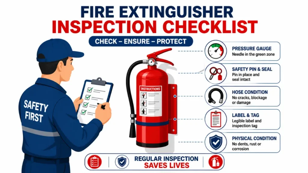 Fire extinguisher hydrostatic testing India inspection checklist showing technician checking pressure gauge seal hose and label