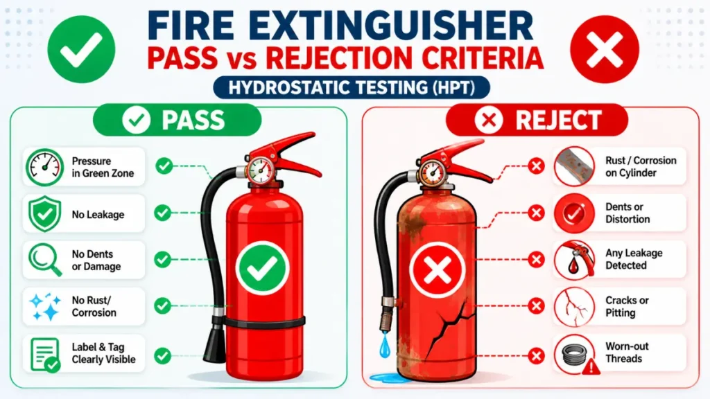 Fire extinguisher hydrostatic testing India pass and rejection criteria comparison showing safe and damaged cylinder conditions