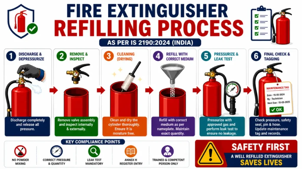 fire extinguisher refilling process India step by step as per IS 2190:2024 showing refill leak test safety check and tagging