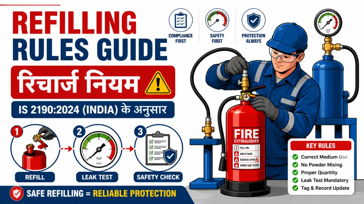 fire extinguisher refilling rules India as per IS 2190:2024 showing technician refilling extinguisher with pressure gauge and safety check