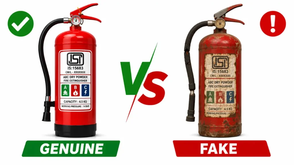 Genuine vs fake portable fire extinguisher comparison India