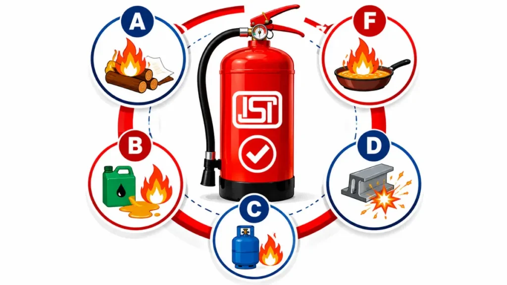 IS 15683 fire classes portable fire extinguisher infographic India