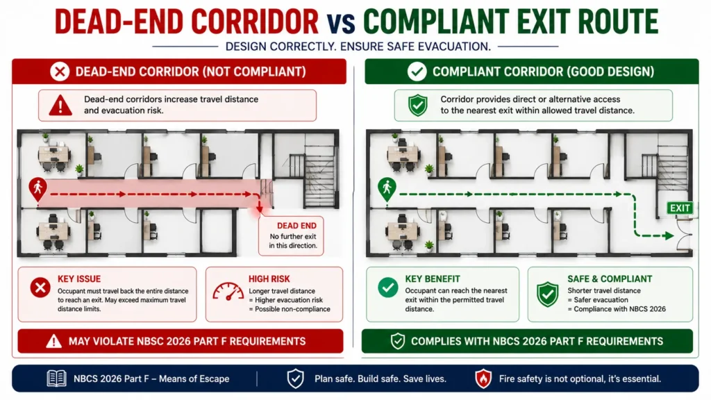 Dead end corridor example affecting travel distance and emergency evacuation route