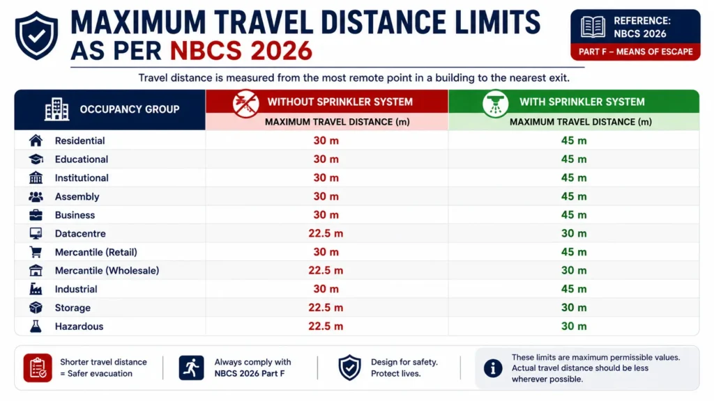 Maximum travel distance limits for different occupancy groups as per NBCS 2026