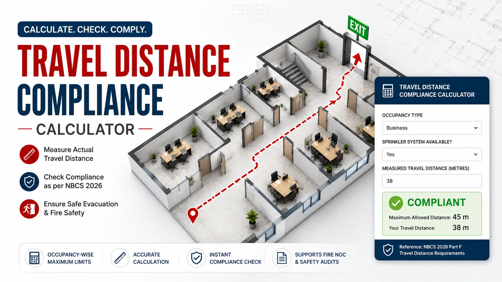 Travel Distance Calculation in Fire Safety as per NBCS 2026 and IS 1644 standards